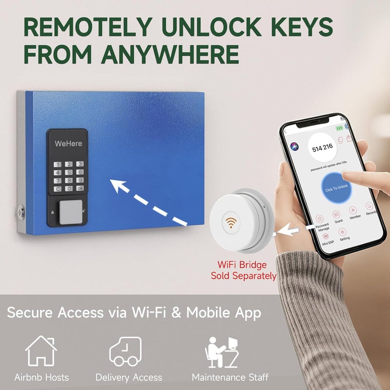 WeHere 16 Key Lock Box Wall Mount, APP Bluetooth/One Time Password Share/Wi-Fi Remote/Fixed Code/Key Unlock, Smart Key Cabinet, Key Organizer Box for Apartment, Hotel, Office, House Key Manage - Image 5